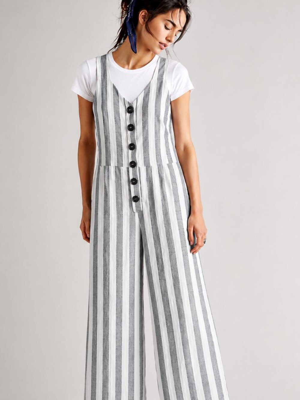 Pure cotton striped jumpsuit, cropped length
